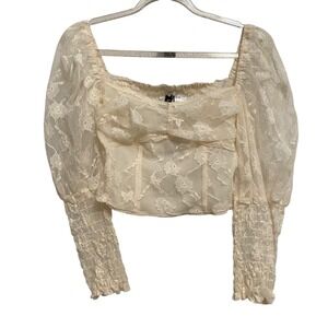 Women's Sheer Floral Lace Milkmaid Babydoll Crop Top XXS Coquette Fairy Romantic